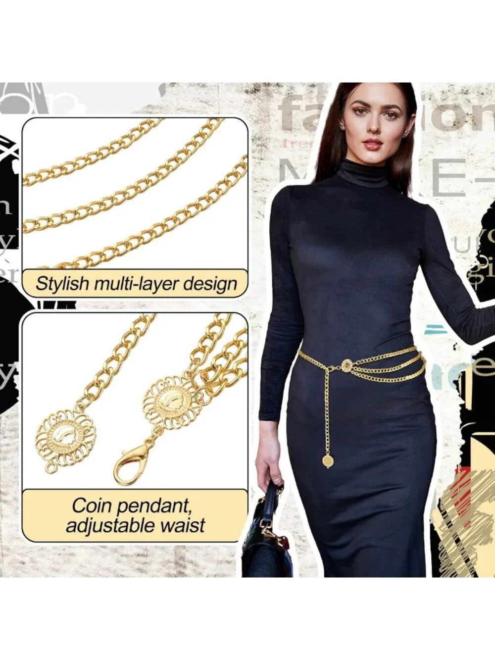 6 Pcs Gold Silver Multi-Layer Waist Chain Belt for Women - Adjustable Body